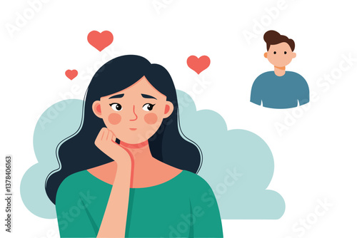 Young Woman Dreaming of Man with Hearts Cartoonish on White