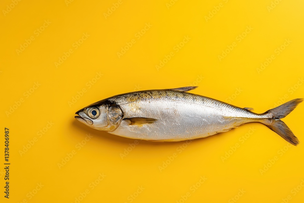 Fototapeta premium A single silver fish lying on bright yellow background