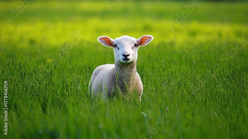 Lamb in Meadow: A charming lamb stands amidst a lush green meadow, its soft wool contrasting with the vibrant grass, creating a scene of pure innocence and tranquility.