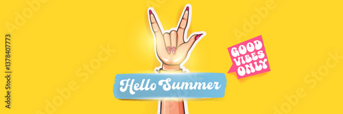 Hello Summer Rock On Vector Female Hand with Devil Horns, Spiked Bracelet and Pink Nails on Yellow Background with Good Vibes Only Text, Cheerful Summer Design