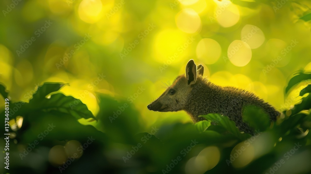 Obraz premium Baby Collared Peccary in Lush Green Foliage, Adorable baby peccary hidden in vibrant green leaves.