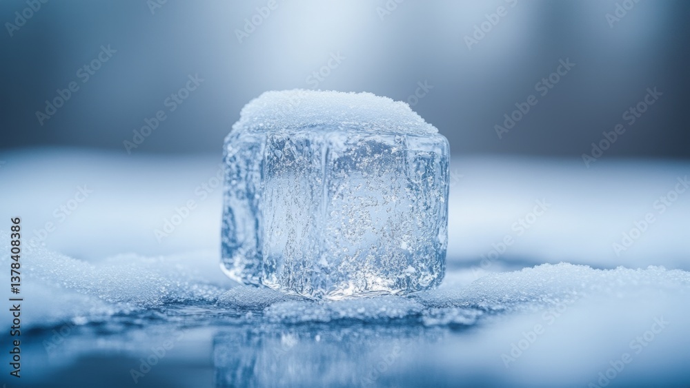A single ice cube rests on a frosty surface, showcasing its clarity, air bubbles, and textured frost. Ideal for visuals about cold, freshness, and icy themes A single ice cube rests on a frosty surface, showcasing its clarity, air bubbles, and textured frost. Ideal for visuals about cold, freshness, and icy themes