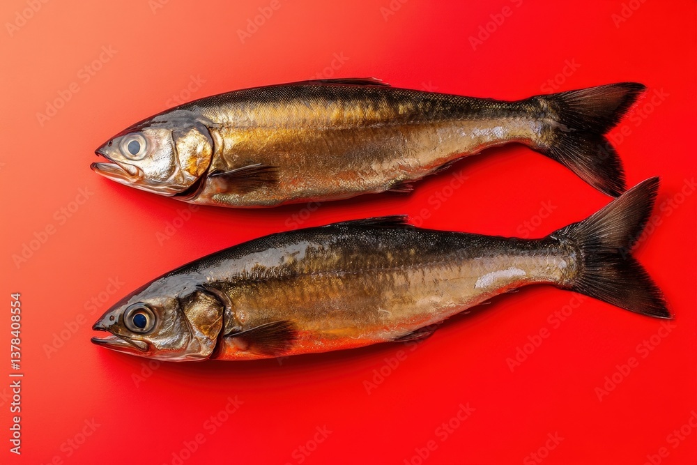 Two small whole fish arranged on vibrant red background Two small whole fish arranged on vibrant red background