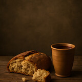 Bread and wine symbolizing the Last Supper and the body and blood of Christ in Holy Communion