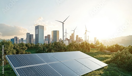 Sustainable city with solar panels and wind turbines