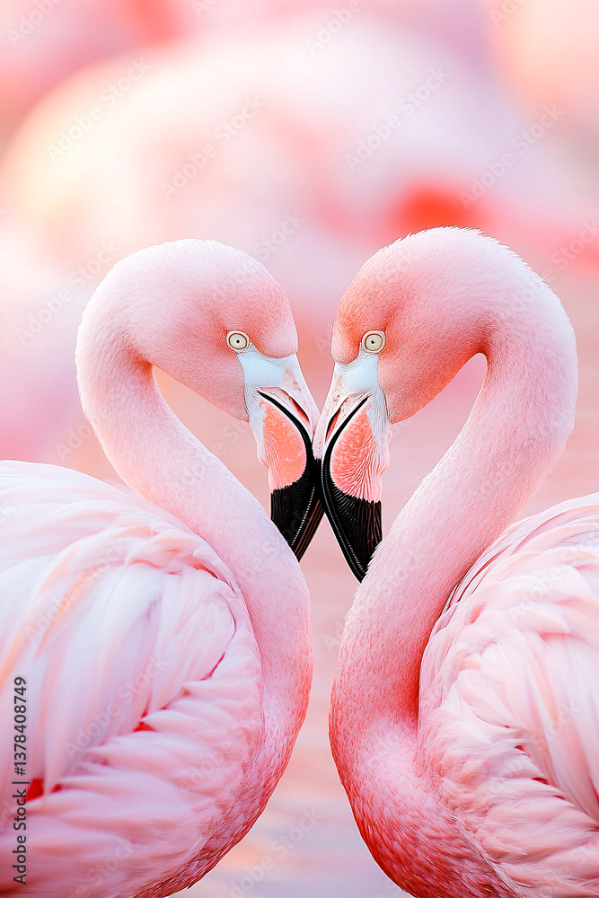 Naklejka premium Pink flamingos forming a heart shape in a soft background 