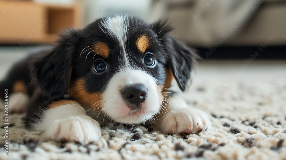 Cute little puppy on carpet at home space for text Cute little puppy on carpet at home space for text