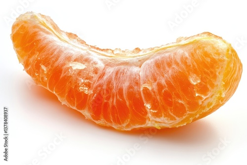 Close-up of a fresh citrus fruit segment.  A vibrant orange slice, showcasing the juicy, pulpy interior and slightly rough texture of the peel