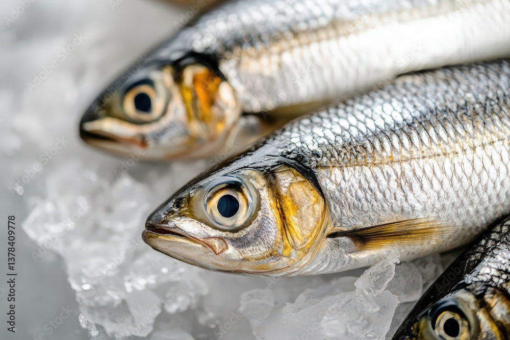 Close up image showing multiple fresh fish on ice Close up image showing multiple fresh fish on ice