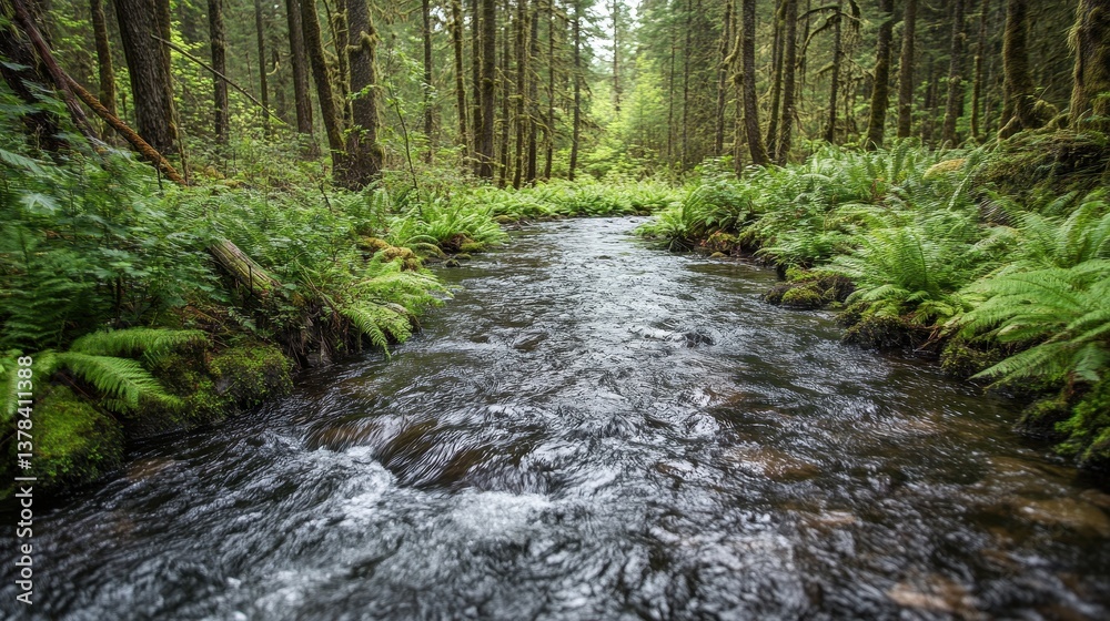 Lush ferns line a clear stream flowing through a vibrant green forest. Perfect for illustrating nature, conservation, or peaceful environments. Lush ferns line a clear stream flowing through a vibrant green forest. Perfect for illustrating nature, conservation, or peaceful environments.