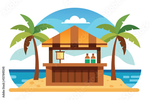 Beachfront Kiosk with Palm Trees, Ocean, Sky and Sand, Flat Style