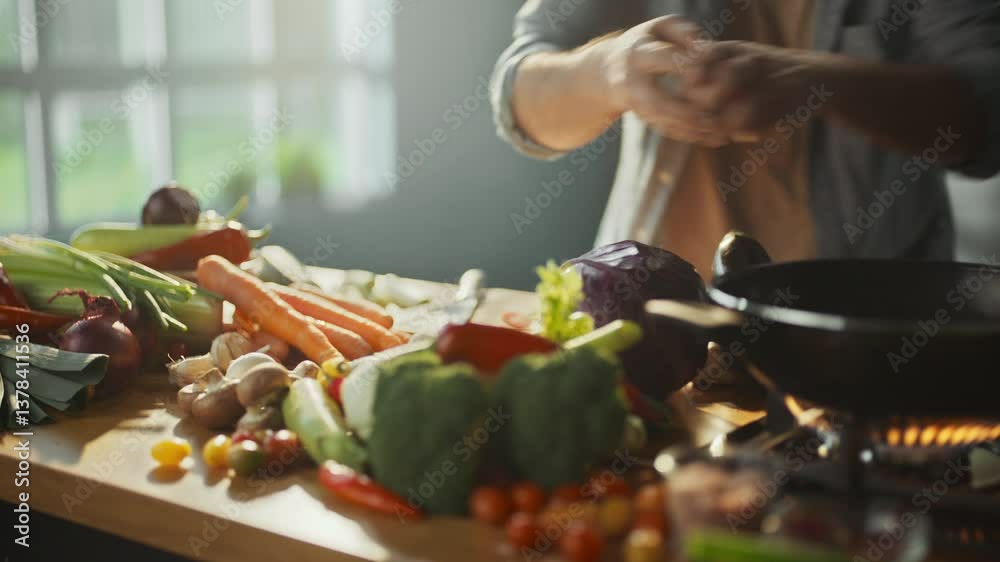 Dolly in shot of a professional male chef taking a carrot, slicing it into pieces and putting the slices into the pan