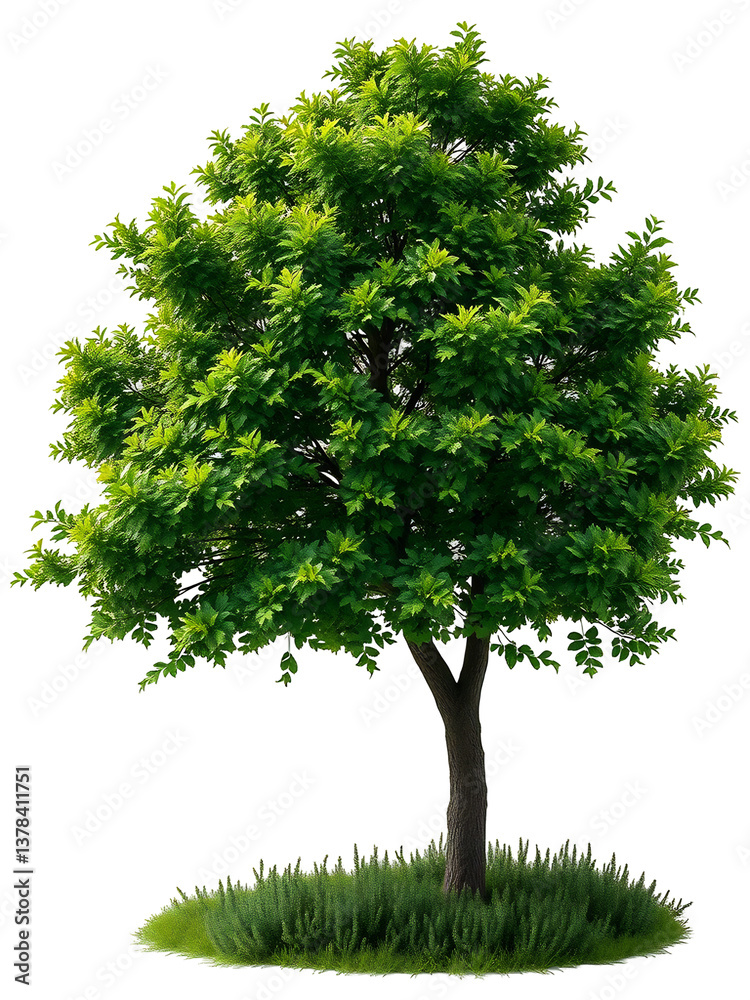 Obraz premium Lush green tree stands majestically against bright white background showcasing vibrant foliage and strong composition. AI Generated