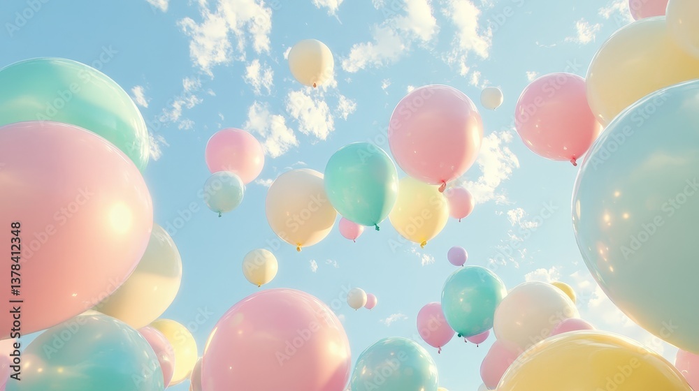 Colorful balloons floating against a soft blue sky Colorful balloons floating against a soft blue sky