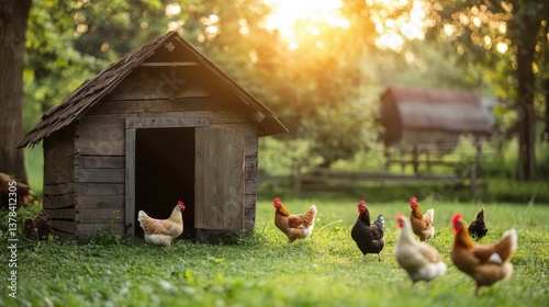 Farmyard Charm: A scene of rural serenity, where a small wooden coop stands as the focal point. Chickens wander freely in a vibrant green pasture.