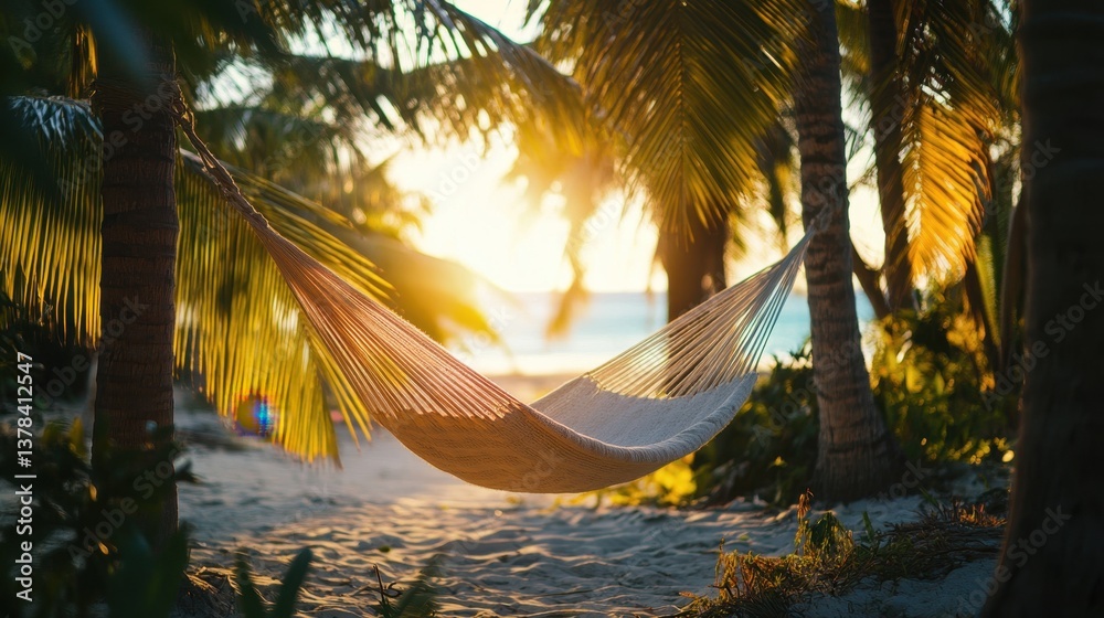 Tropical Serenity: A serene hammock gently sways between palm trees, bathed in the golden light of a tropical sunrise, inviting relaxation and peace.