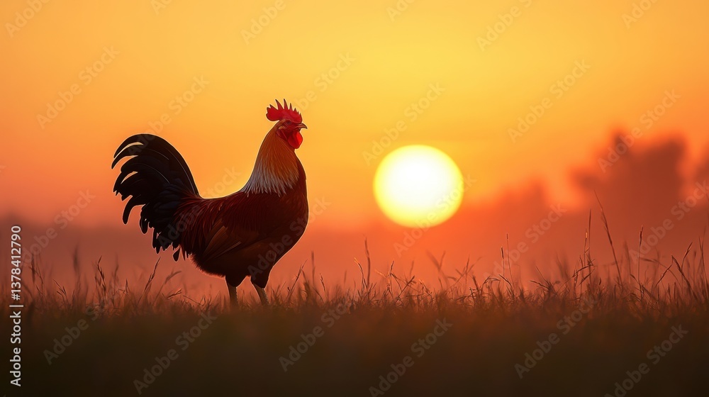 Sunrise Serenade: A regal rooster silhouetted against a vibrant, sun-kissed dawn, its proud stance embodying the dawn's first light. A dawn of vibrant colors over the horizon.