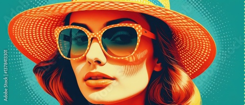 Vibrant halftone pop art featuring woman with sunglasses and sun hat