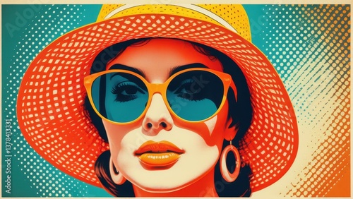 Stylized graphic portrait of woman in pop art with sun hat and shades