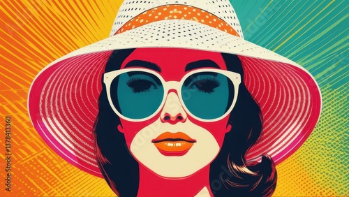 Pop art woman in sun hat and bold sunglasses with vibrant halftone style