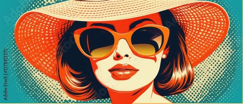 Colorful retro artwork of woman in hat with iconic pop art aesthetic