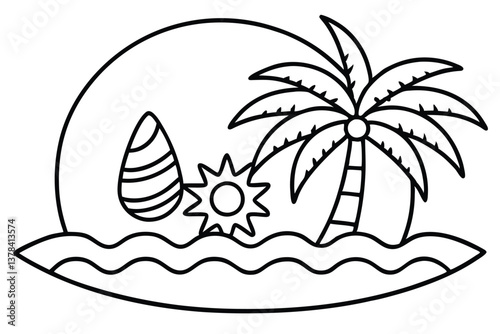 Outline Beach With Palm Tree Sun Egg & Sea Waves Design