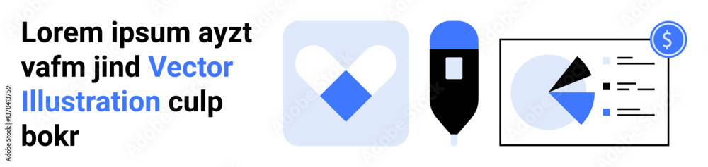 Heart-shaped icon, modern pen, and data pie chart with financial tab. Ideal for business analytics, finance, healthcare, data visualization, marketing, education presentations simple landing page Heart-shaped icon, modern pen, and data pie chart with financial tab. Ideal for business analytics, finance, healthcare, data visualization, marketing, education presentations simple landing page
