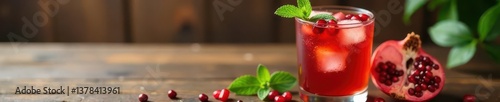 Wallpaper Mural Crystal clear iced tea, pomegranate & mint garnish, wooden surface, nature, texture Torontodigital.ca