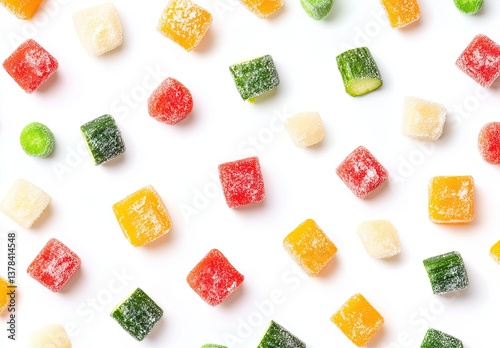 Colorful, cubed fruit and vegetable pieces arranged on a white background