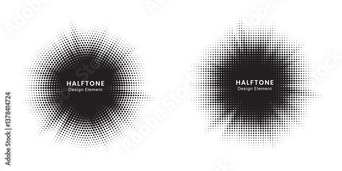 Burst halftone light effect. Glowing light burst halftone circle. Abstract grunge halftone dots background. 