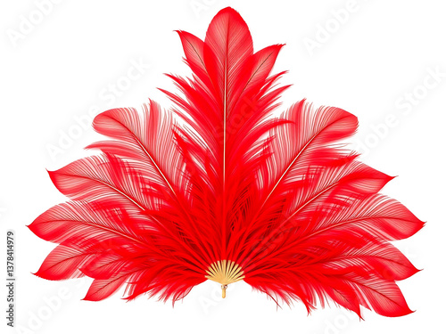 Vibrant red feather fan elegantly arranged against white background shows rich color and detailed texture. AI Generated
