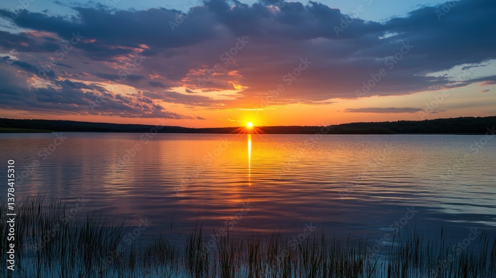 Sunset over serene Lake: A breathtaking panorama of a tranquil lake mirroring the vibrant colors of a sunset sky, with the sun setting on the horizon. Sunset over serene Lake: A breathtaking panorama of a tranquil lake mirroring the vibrant colors of a sunset sky, with the sun setting on the horizon.