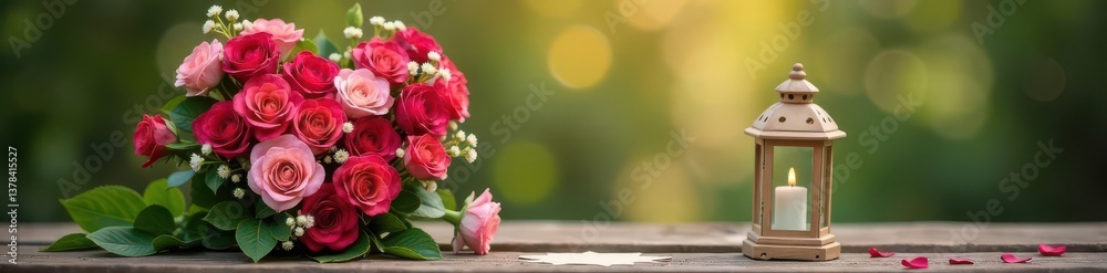 Heart-shaped floral arrangement on wooden lantern, congratulatory note , congratulations, celebratory Heart-shaped floral arrangement on wooden lantern, congratulatory note , congratulations, celebratory