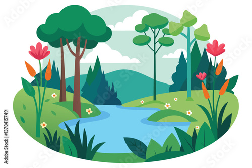 Colorful Flat of River Landscape with Flowers, Trees and Hills