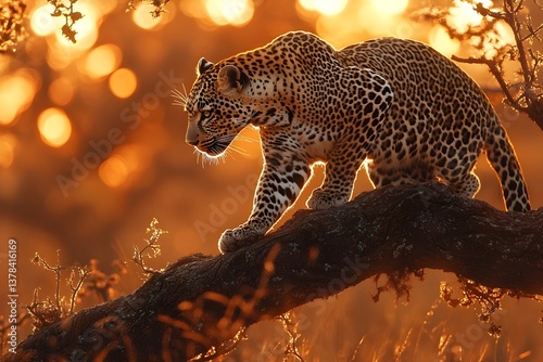 Grace and Power: Leopard Climbing a Dead Tree in the Savannah Glow