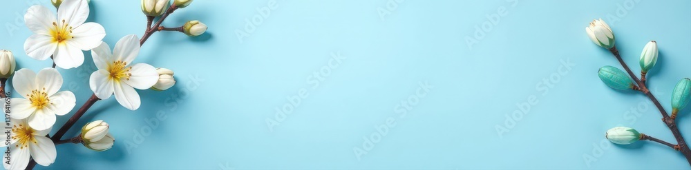 Fototapeta premium Pastel blue card, eucalyptus frame mockup Spring concept , elegant, wreath, wedding