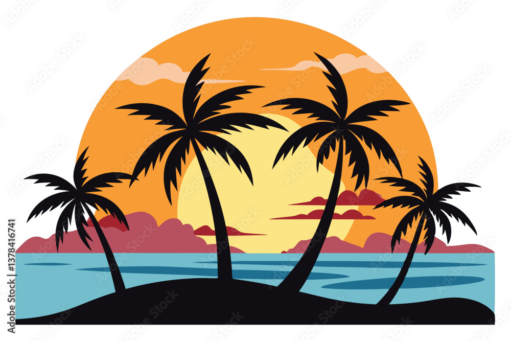 Colorful Tropical Island Getaway Palm Trees Sunset Silhouette Seascape Background Colorful Tropical Island Getaway Palm Trees Sunset Silhouette Seascape Background