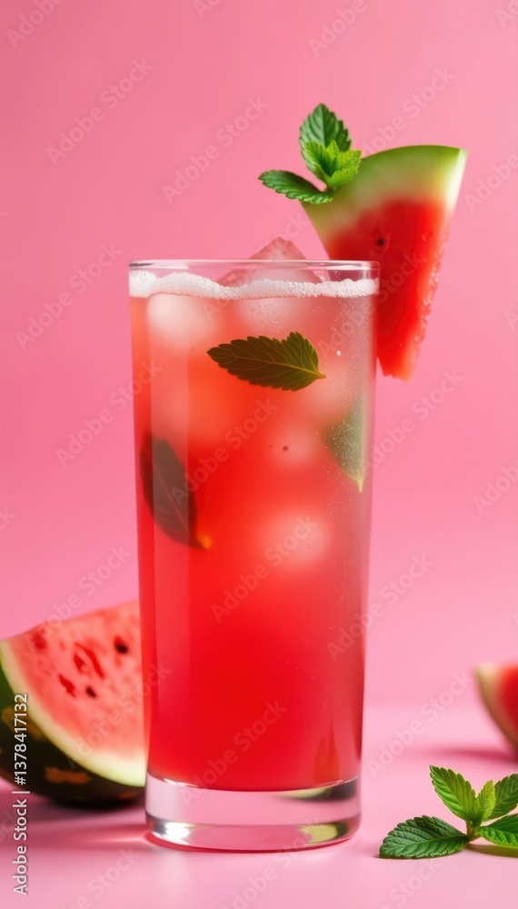 Refreshing watermelon lemonade, mint garnish, pink backdrop, summer, pink background Refreshing watermelon lemonade, mint garnish, pink backdrop, summer, pink background
