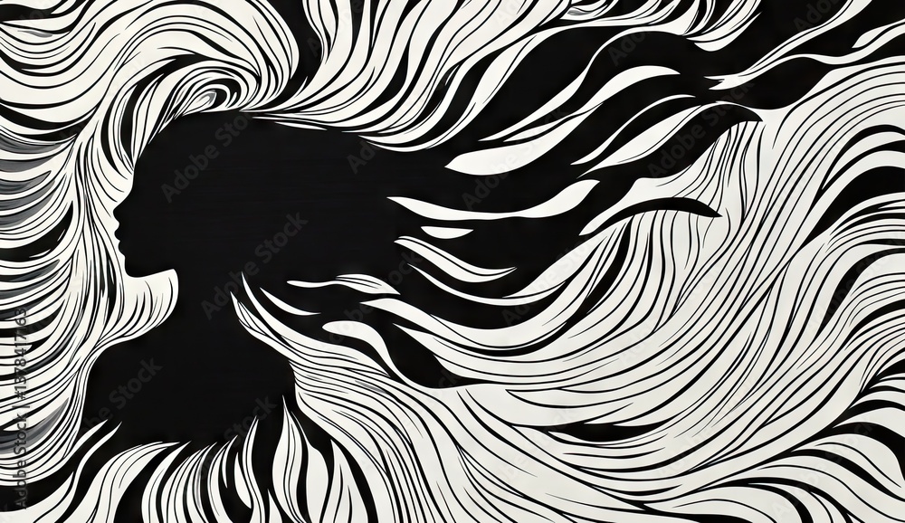 Obraz premium Silhouette of a woman with flowing hair. Intricate design