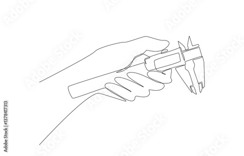 Continuous one line drawing of hand holding vernier caliper, measuring equipment concept, single line art