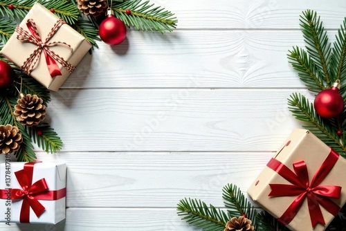 Rustic white wood, gifts, ornaments, pine cones, festive backdrop, green, gold