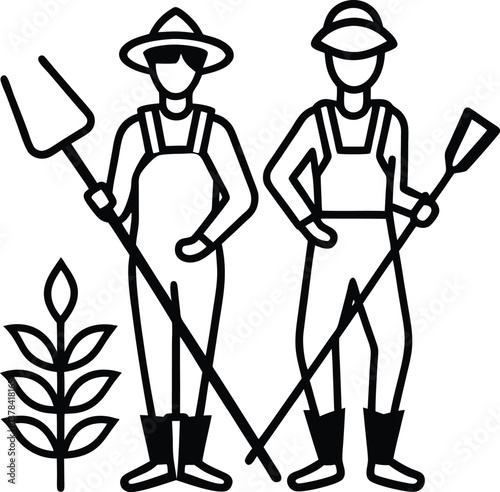 Farmers with gardening tools silhouette illustration