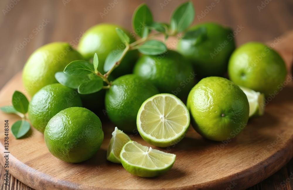 Fresh Kaffir lime fruits, lime slices with green leaves on wooden background. Healthy organic ingredient for Thai cuisine, cooking. Natural sour citrus fruit. Perfect for cosmetic, spa products, Fresh Kaffir lime fruits, lime slices with green leaves on wooden background. Healthy organic ingredient for Thai cuisine, cooking. Natural sour citrus fruit. Perfect for cosmetic, spa products,