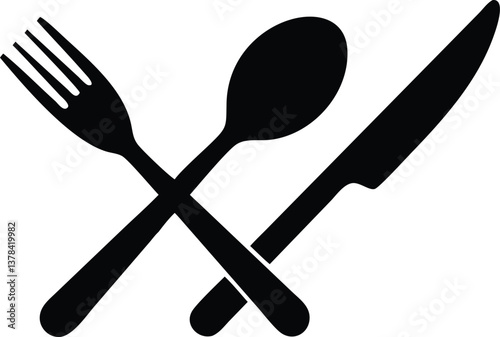 Simple Black Cutlery Icon Crossed Fork, Spoon, and Knife on White Background