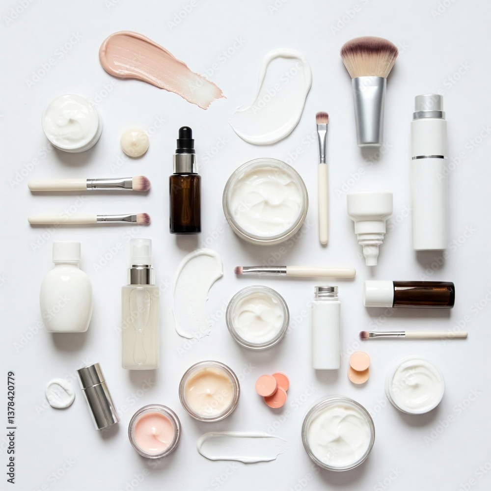 Flat Lay Makeup Products and Skincare Essentials on White Background Flat Lay Makeup Products and Skincare Essentials on White Background