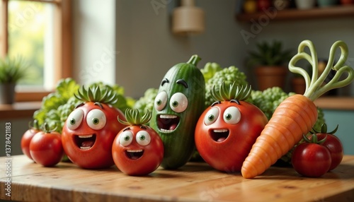 Cheerful cartoon vegetables including tomatoes, cucumber, and carrot with happy faces