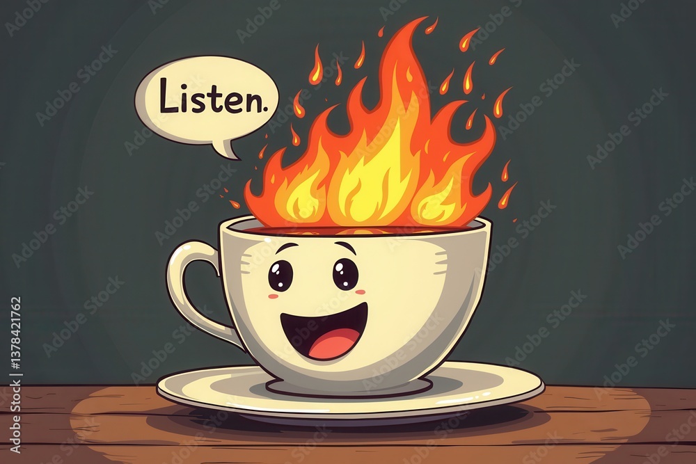 Cup on fire cartoon with speech bubble saying listen