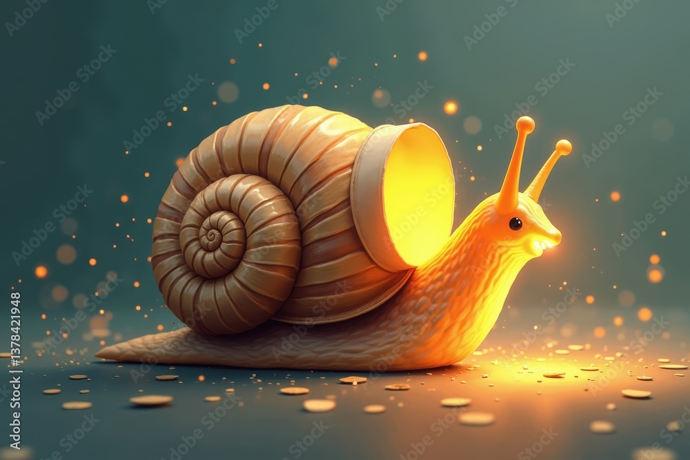 Snail-shaped lamp emitting warm glowing light in dark ambience