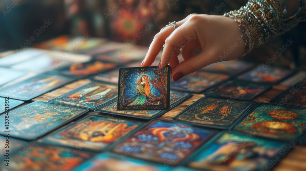 Naklejka premium A hand delicately selects a tarot card from an elaborate spread. Each card features unique art, telling a story. Discover insights and new paths with tarot. Generative AI