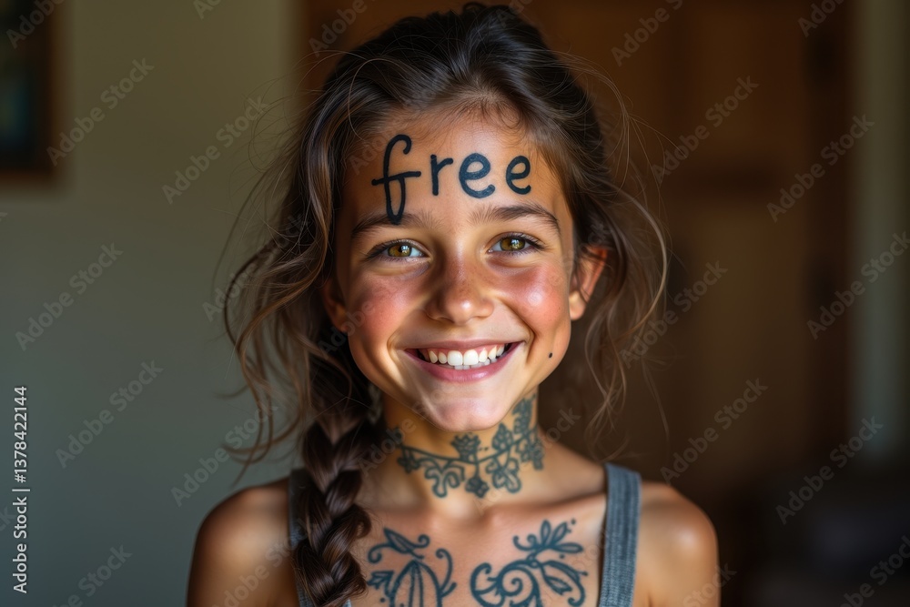 Young girl smiling with positive body art expressing joy